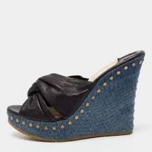 Jimmy Choo Black Leather and Blue Woven Wedges